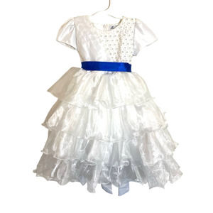 Girl's Diva Behavior Pearls and Ruffles Party Dress White Blue Ribbon Size 6X